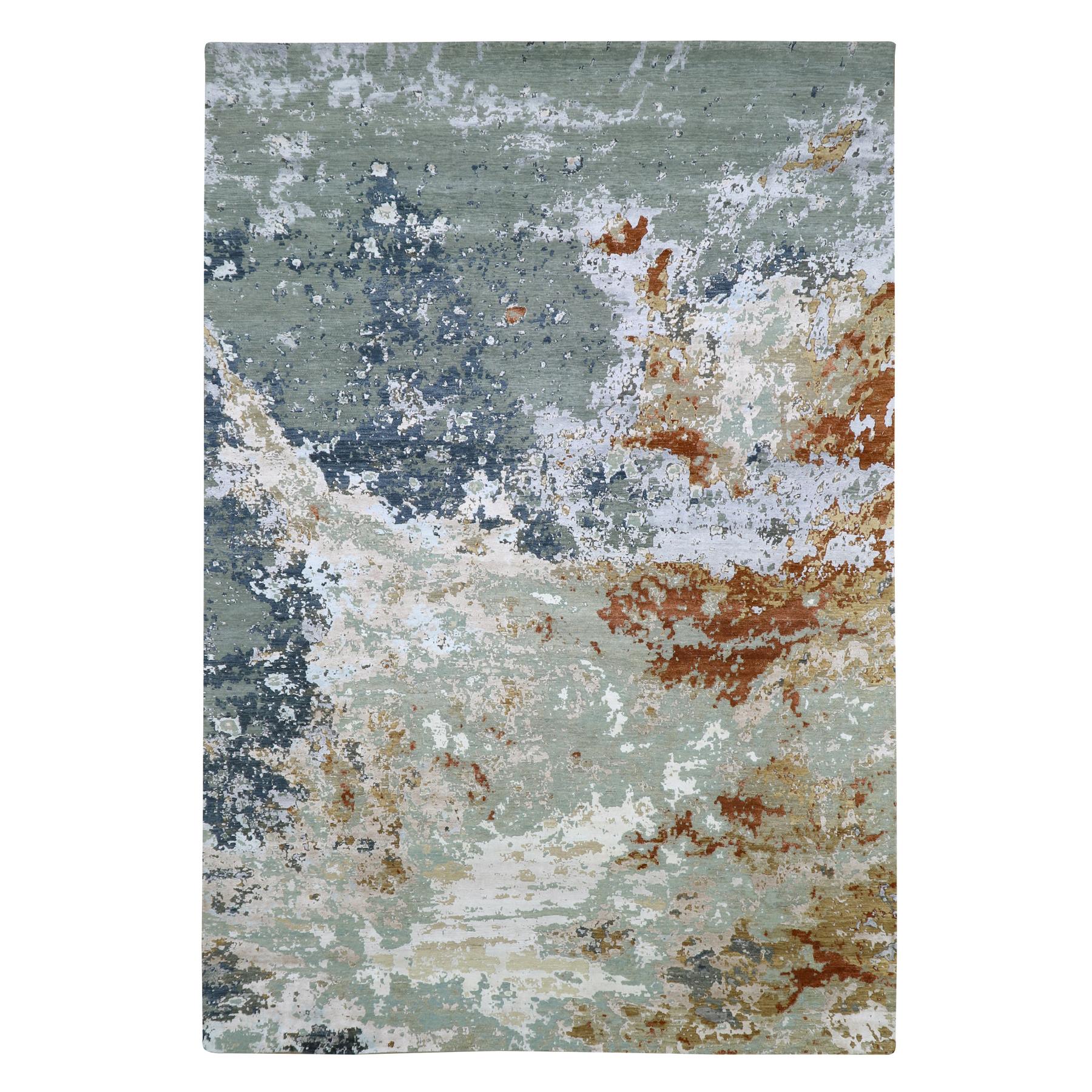 Pastel Gray with Rust, Pure Wool, Abstract with Galaxy Design, Persian Knot, Hand Knotted, Densely Woven, Oriental Rug